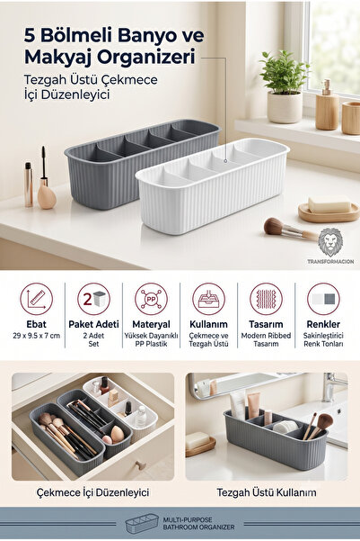 Transformacion 5 Bölmeli Banyo ve Makyaj Organizer Kutusu Gri Beyaz 2li Set T...