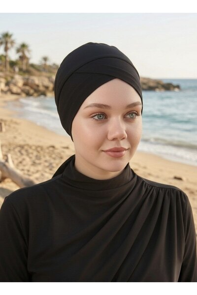 Melodi Scarf Tesettür Yüzücü Çapraz Deniz Havuz Bonesi - Mayo Üstü Çapraz Bone - Arkadan Bağlamalı Çapraz Bone Siyah
