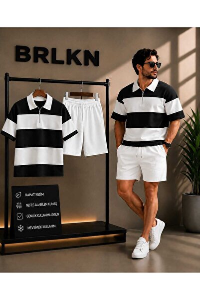 BRLKN Tricou unisex cu gât polo de vară - Set pantaloni scurți
