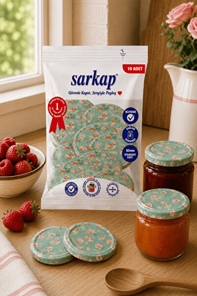 Sarkap Hijyenik Paketli 10 Adet Kavanoz Kapağı – Yeşil Çiçekli Desen - 82mm