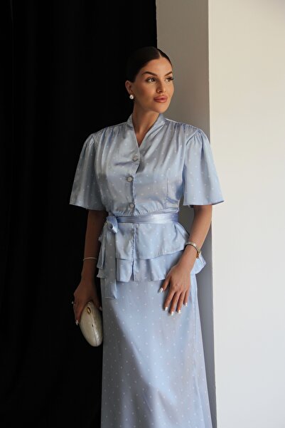 Julidress Σετ Premium Πουά Σατέν με ΖΩΝΗ, Μπουφάν και Μακριά Φούστα