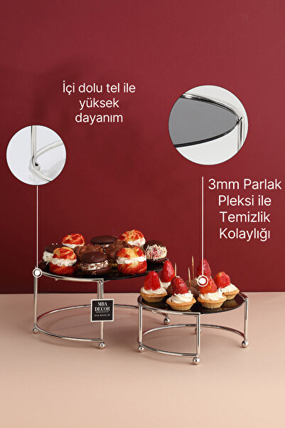 mba decor metal bending art Yuvarlak Ikili Gümüş Siyah Kahve Yanı Sunumluk Hediyelik Dekorasyon Ikramlık Organizer Mdf Ahşap 26