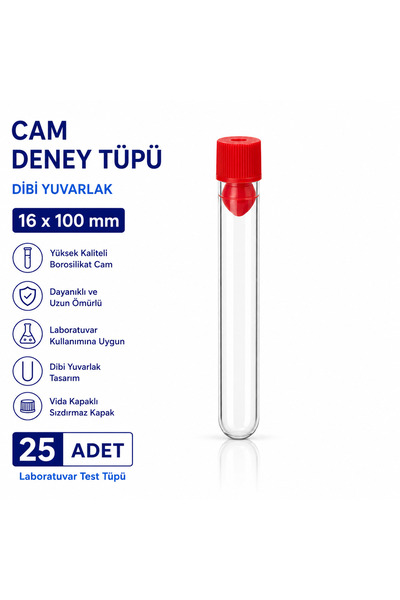 Labolist 16x100 Mm Cam Deney Tüpü Dibi Yuvarlak Kapaklı 25 Adet Laboratuvar T...