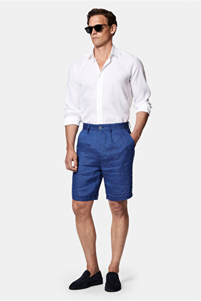 Abdullah Kiğılı Straight Wide Leg 100% Linen Bermuda Shorts with Side Pockets