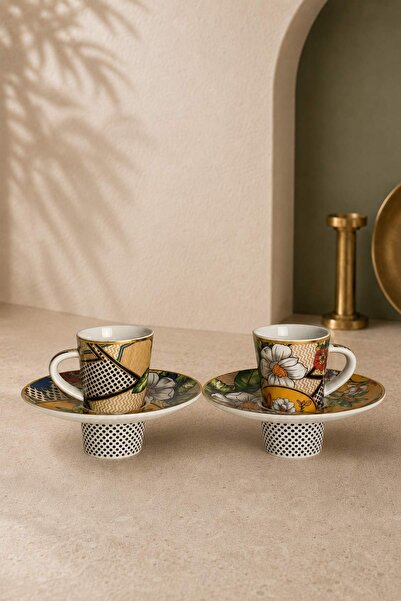 Edora Home Türk Kahvesi Fincan Takımı İçe Geçmeli Vintage Floral 2 Kişilik 4 Parça Fincan Ve Tabak (Makinede Yı