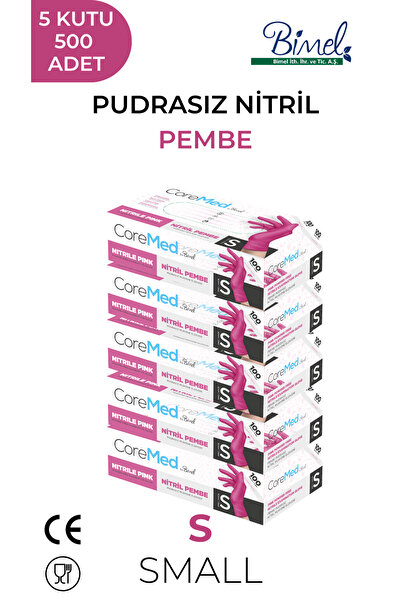 COREMED Nitril Pembe Pudrasız Muayene Eldiveni S - 5 Paket 100 lü