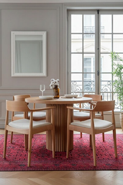 Woodenbend Eva Yuvarlak Ahşap Masa Takımı 110x110 – 4 Kayın Kolçaklı Sandalye...