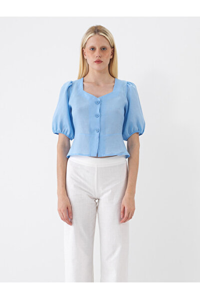 Xint Kadın Mavi %100 Keten Regular Fit Bluz