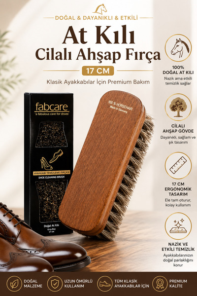 Fabcare Doğal At Kılı Cilalı Ahşap Ayakkabı Temizleme Fırçası 17 cm