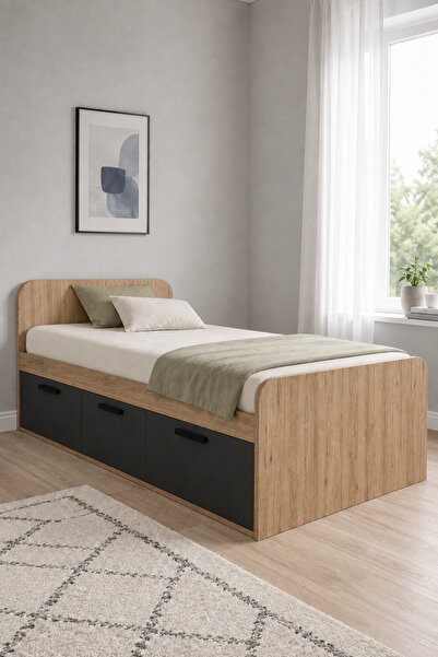 ARNETTİ Akser 90x190 Tek Kişilik Karyola Atlantik Çam Antrasit | Dolaplı Genç...