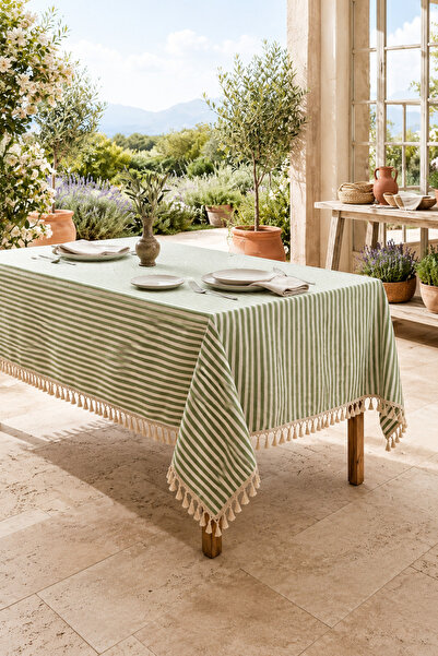 linea natura home Çizgili Yeşil Keten Püsküllü Masa Örtüsü Country Vintage Bo...