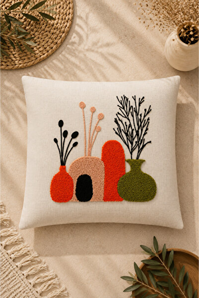 SEVMİŞ HOME Decorative Punch Throw Pillow Cover Linen Fabric with Hidden Zipp...