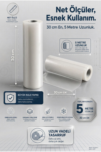 Vacuum Sealer 30 cm x 5 metre Tırtıklı Rulo Vakum Makinesi Poşeti Gıda Saklama Vakum Poşeti