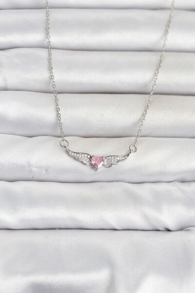 Inure Jewelry سلسلة فولاذية 316L فضية اللون على شكل قلب وردي مع أجنحة للنساء