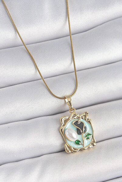 Inure Jewelry 316L Steel Gold Color Chain Blue Enamel Flower Embroidered Pear...