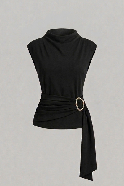 Edela Women's Stand Collar Buckle Detailed Belted Black Blouse