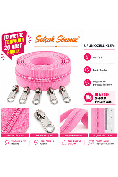 SELÇUK SÖNMEZ 10 Metre Tip5 Şeker Pembe Fermuar 20 Adet Nikel Başlık