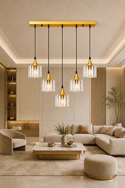 ESSLİGHT Azra 5’li Eskitme Kristal Taşlı Modern Salon Mutfak Yatak Odası Avizesi