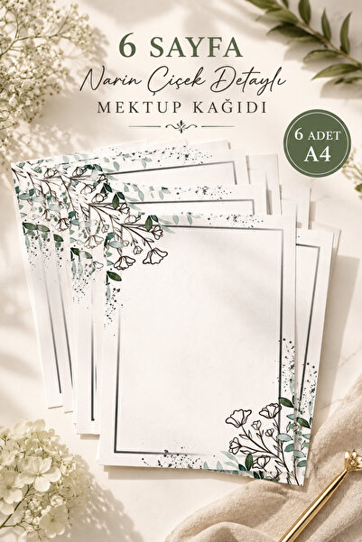 Organik Yolda Delicate Floral Detailed Letter Paper (12 Pieces A4 Size)