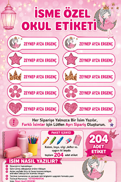 Ayza Tasarım İsme Özel Su Geçirmez Okul Etiketi Sticker Kişiye Özel Kız Çocuk...