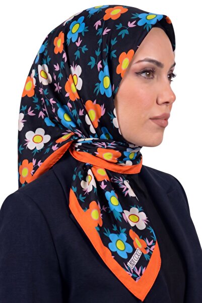 hadiora وشاح نسائي ناعم من القطن العضوي بنقشة زهور برتقالية وسوداء