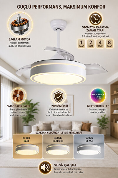 FANCİUM DKF-402 Beyaz LED Aydınlatmalı Uzaktan Kumandalı Gizli Kanatlı Tavan ...