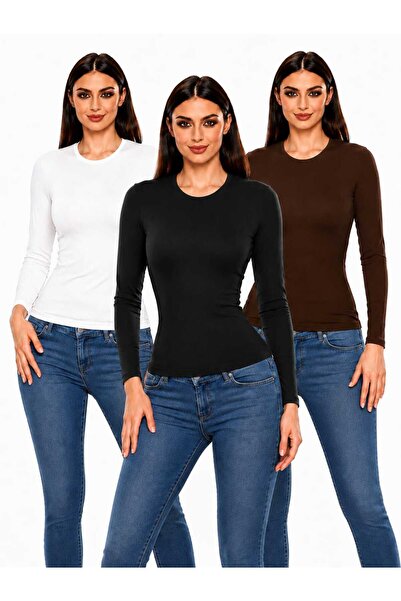 ROKİDS Women's 3-Piece Crew Neck Long Sleeve Lycra Hijab Combed Cotton Bodysuit