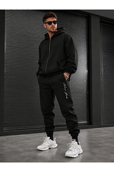 Boi Schwarze Herren-Oversize-Winter-Jogginghose mit 3-fädigem Fleecefutter un...