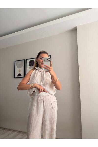 İNVİSUS Set bluză și pantaloni cu mărgele, cu tiv strâns, cu detalii ornamentale