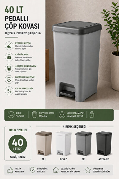 Virela Home 40 Lt Pedal Trash Can with Lockable Lid Bathroom Kitchen Office T...