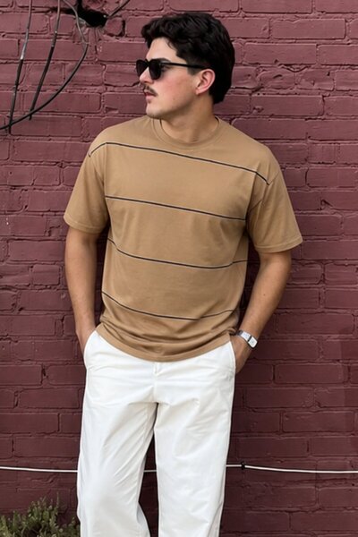 Madmext Cappuccino Crew Neck Basic Striped Men's T-Shirt E7102