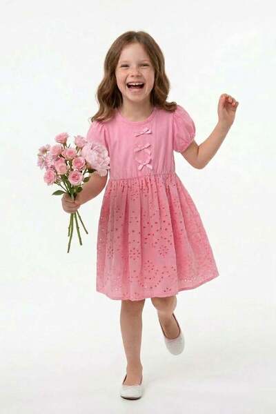 Fulla Moda Embroidered Detailed Bowknot Girl's Dress