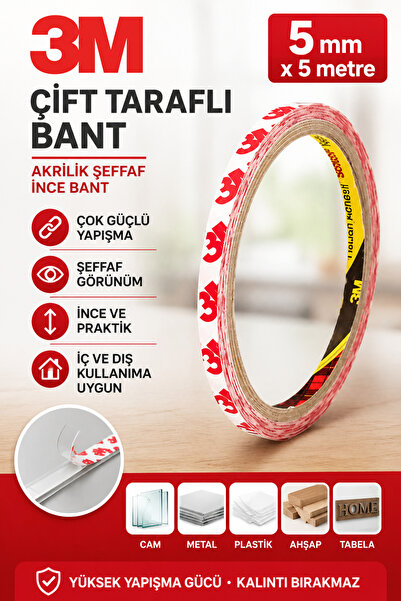 Dünya Magnet 3M Çift Taraflı Bant 5 mm x 5 Metre Şeffaf İnce Akrilik Güçlü Ya...