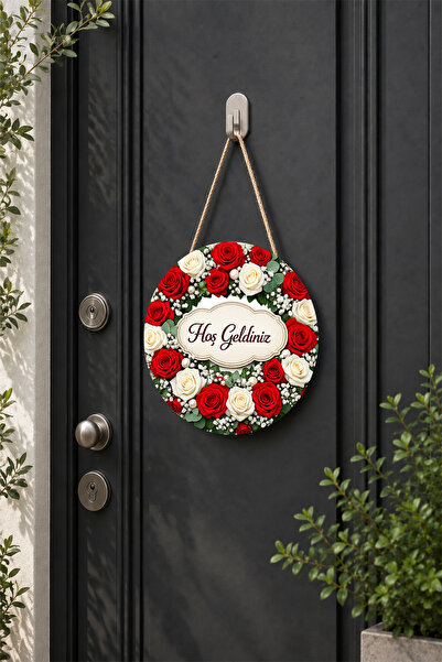 Lucena Welcome Written Vintage Rose Themed Door Ornament with Wicker String R...