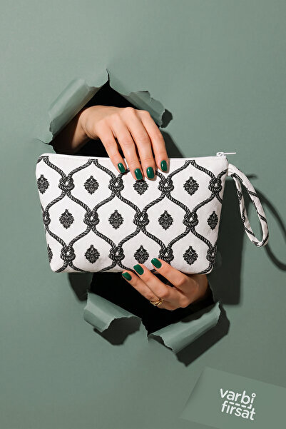 Varbifırsat Desenli Fermuarlı Clutch Çanta Bilek Askılı Günlük El ve Makyaj Ç...