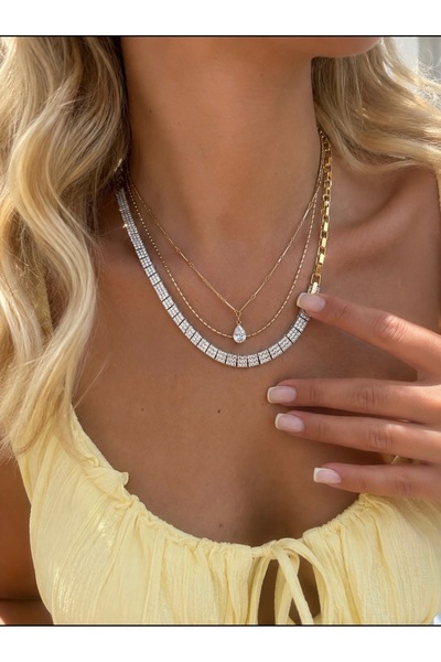 GLARE JEWELRY CO قلادة من الفولاذ الذهبي بتصميم فاخر من ماركة موديل زيركون كي...