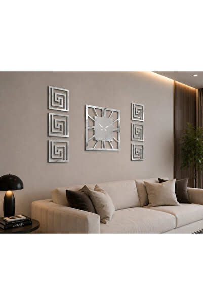 EYKA STORE Modern Şık Dekoratif 6 Tablo + Orta Aynalı Gümüş Plexiglass Kare S...