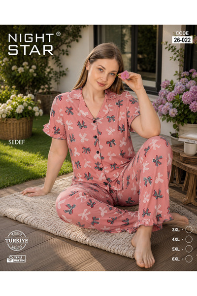 Night Star Neon 5 Düğme Kurdele Desenli Büyük Beden Pijama Takımı