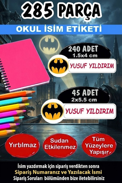 Kt Grup Okul Etiketi Kalem Defter Etiketi Yarasa Özel Isim Yazılabilen Etiket...