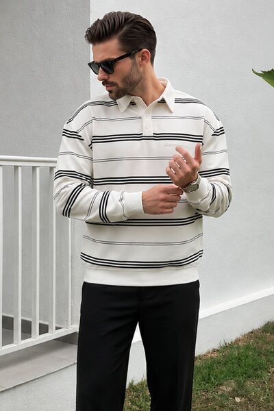 Madmext Ecru Striped Polo Neck Men's Sweatshirt E7172