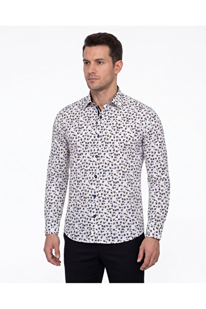 MAKROM Men's Black Patterned Long Sleeve Detailed Classic Fit Cotton Shirt