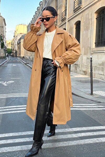 comstar Women's Waist-Tied Balloon Sleeve Trench