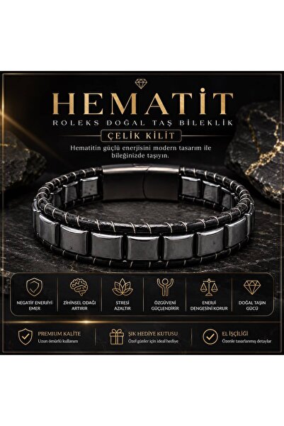 YILDIZ DOĞAL TAŞ SERTİFİKALI Hematit Roleks Doğal Taş Bileklik Çelik Kilit