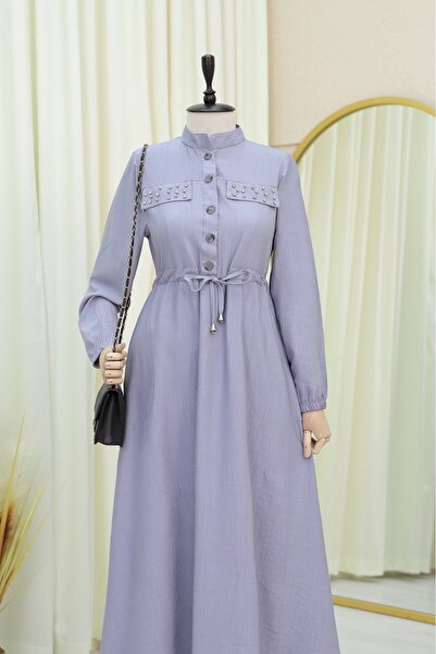 Modamorfo Dress with Stone Pockets, Tie Waist, and Elastic Sleeves - Gray