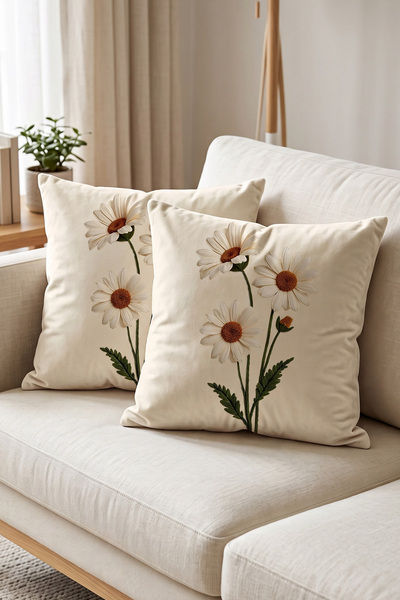 Artvibe Punch Embroidery Pattern Digital Printed Cream Background White Daisy...