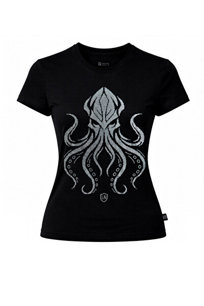STRTO-Abyss,Taşlı T-shirt , %100 Pamuk,Kadın,Slim, Siyah ,Bisiklet Yaka,Rhinestone Tasarım