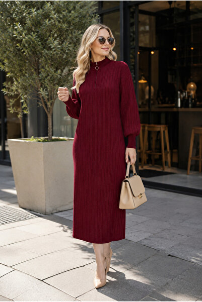 semela (Cheery Bordo)Straight Cut Thick Terry Fabric Standing Collar Zippered Knitted Dress (Length 130 Cm.)