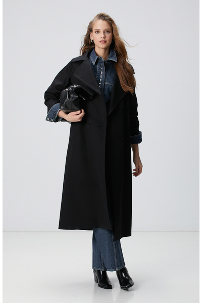 Network Siyah Kruvaze Trench Coat