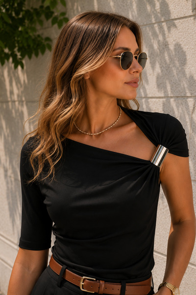 Rhen Store Black Metal Buckle Asymmetric Collar Draped Blouse
