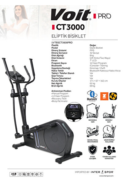 Voit Pro CT3000 Profesyonel Eliptik Bisiklet, 32 Kademe PMS, Bluetooth, Kinom...